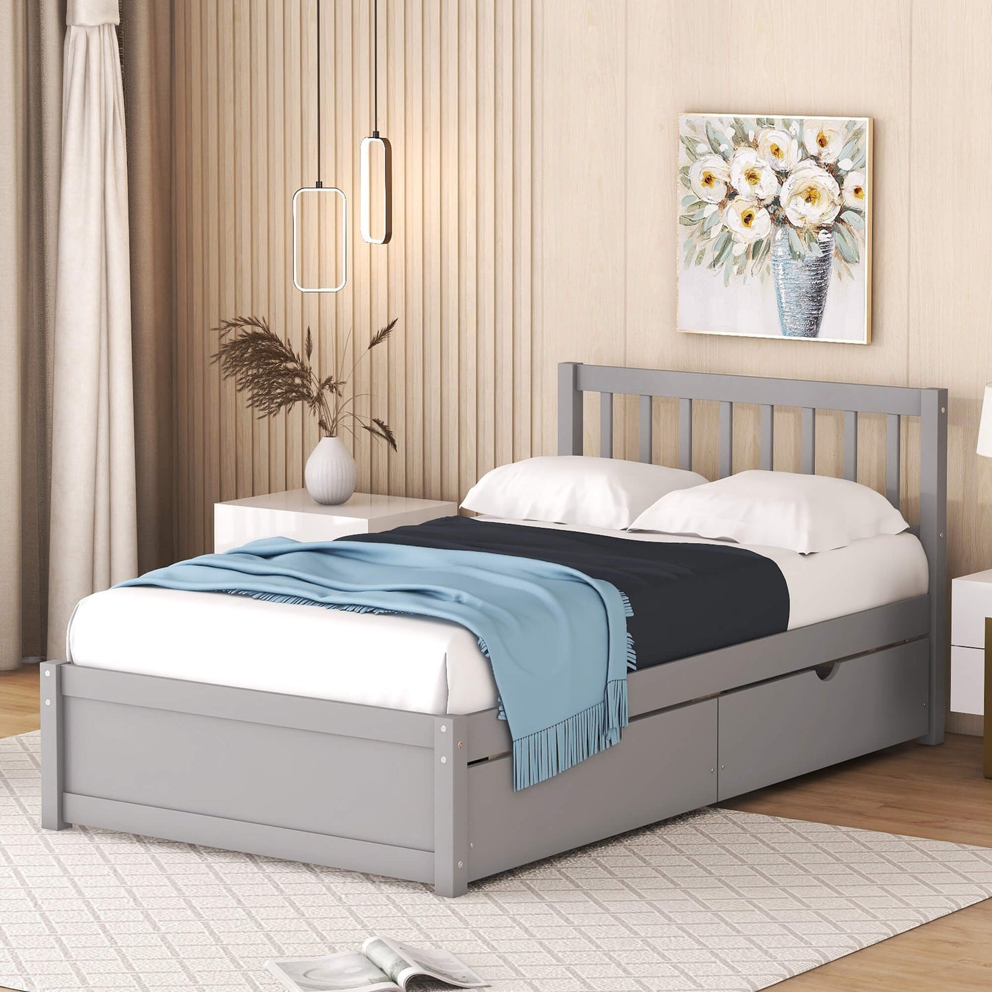 Modern Design Wooden Twin Size Platform Bed With 2 Drawers
