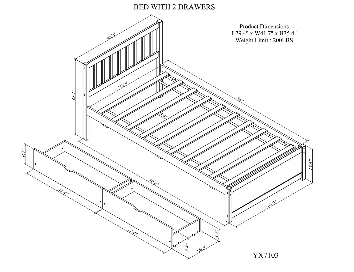 Modern Design Wooden Twin Size Platform Bed With 2 Drawers