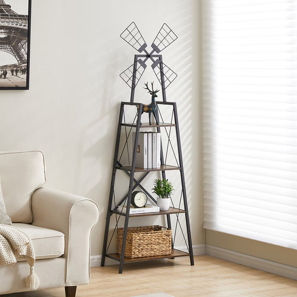 4-Tier Metal Frame Bookshelf and Display Storage Shelves with Windmill Design for Living Room and Home Office