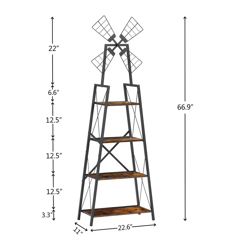 4-Tier Metal Frame Bookshelf and Display Storage Shelves with Windmill Design for Living Room and Home Office