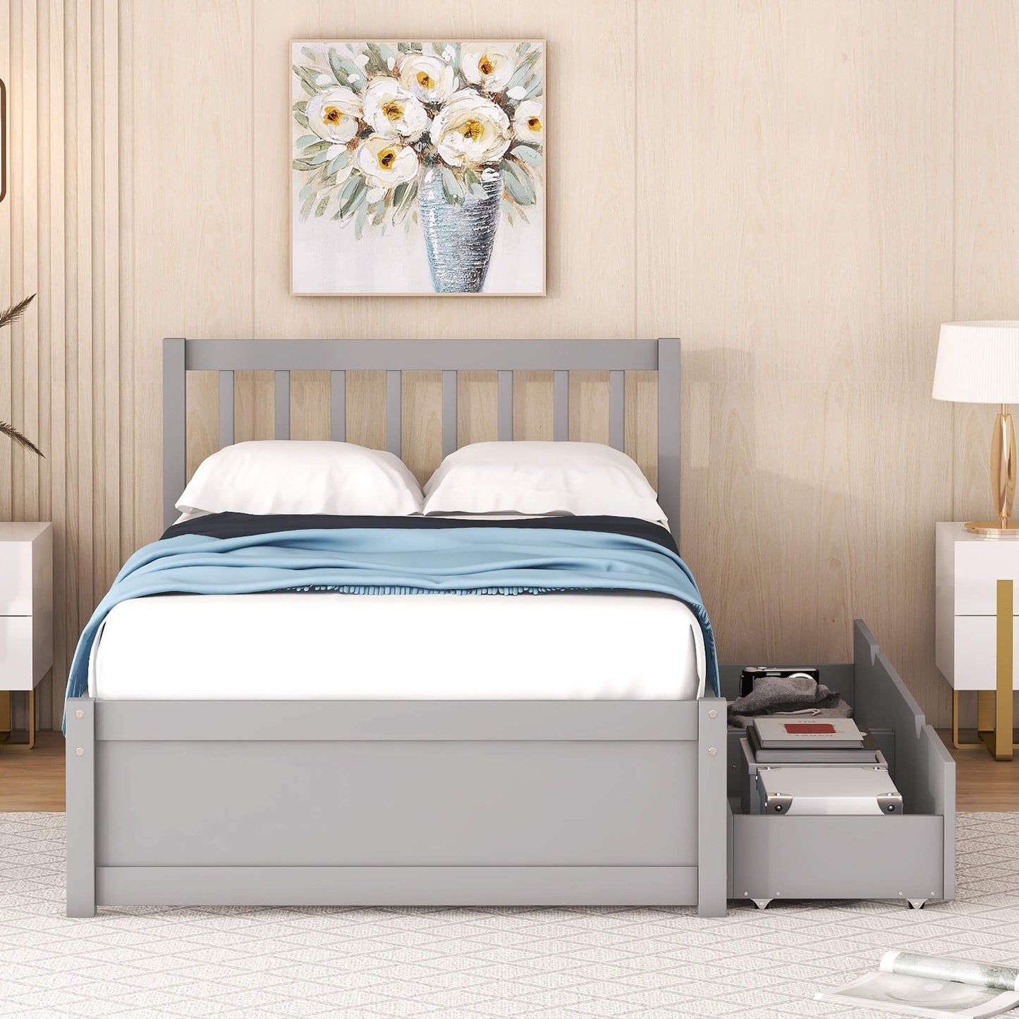 Modern Design Wooden Twin Size Platform Bed With 2 Drawers