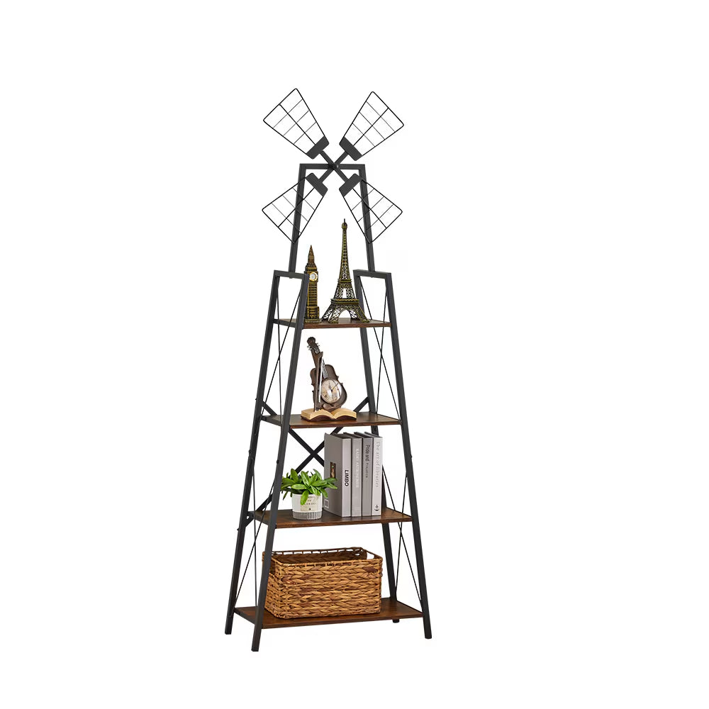4-Tier Metal Frame Bookshelf and Display Storage Shelves with Windmill Design for Living Room and Home Office