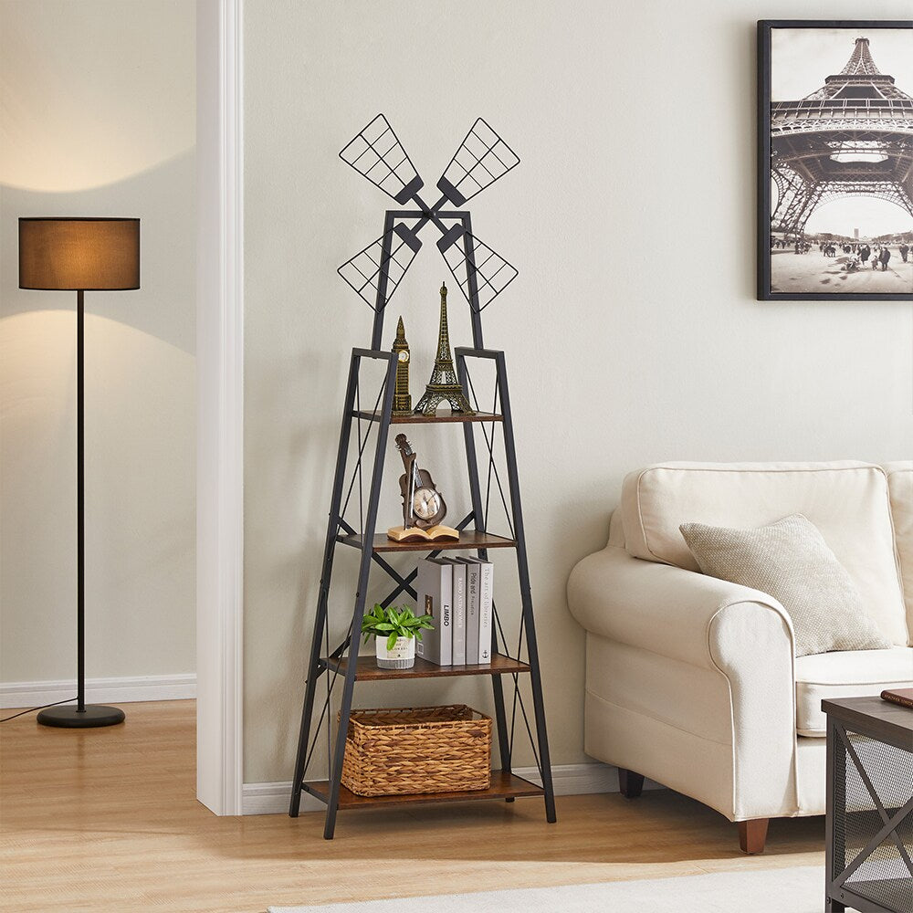 4-Tier Metal Frame Bookshelf and Display Storage Shelves with Windmill Design for Living Room and Home Office