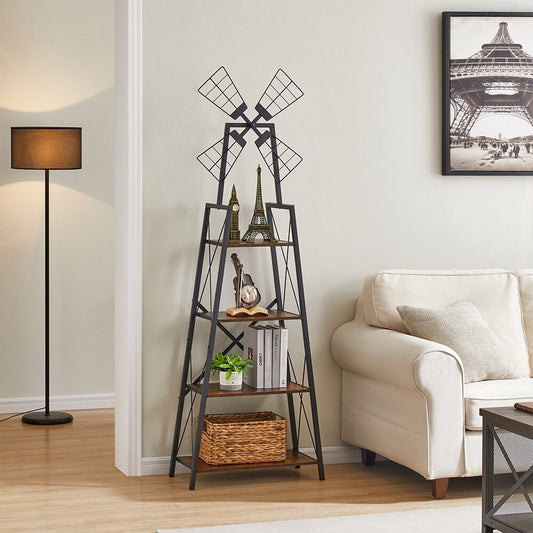 4-Tier Metal Frame Bookshelf and Display Storage Shelves with Windmill Design for Living Room and Home Office
