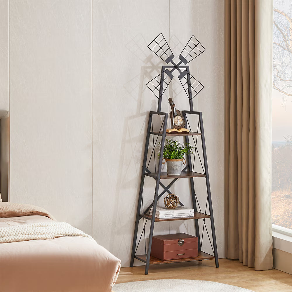 4-Tier Metal Frame Bookshelf and Display Storage Shelves with Windmill Design for Living Room and Home Office