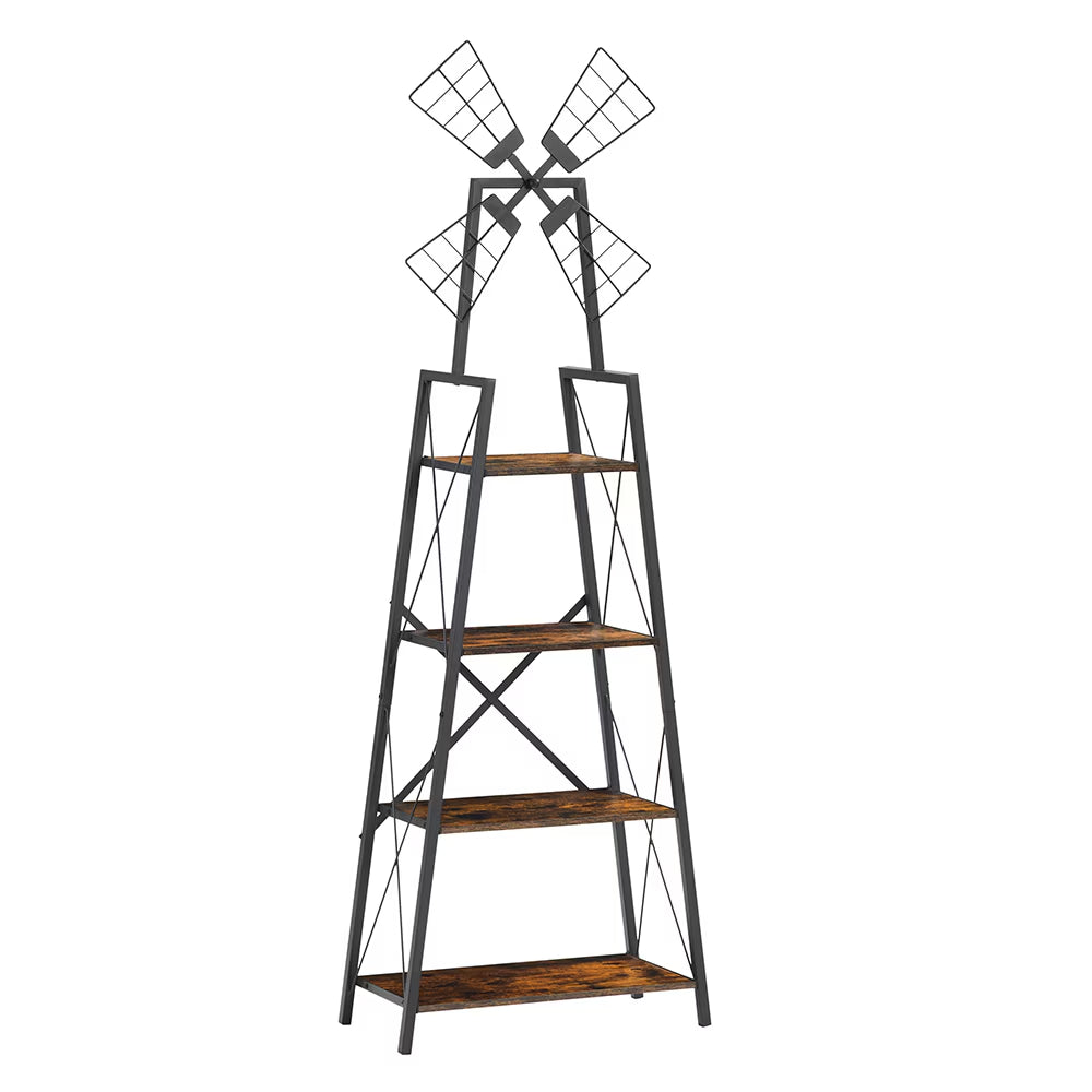 4-Tier Metal Frame Bookshelf and Display Storage Shelves with Windmill Design for Living Room and Home Office