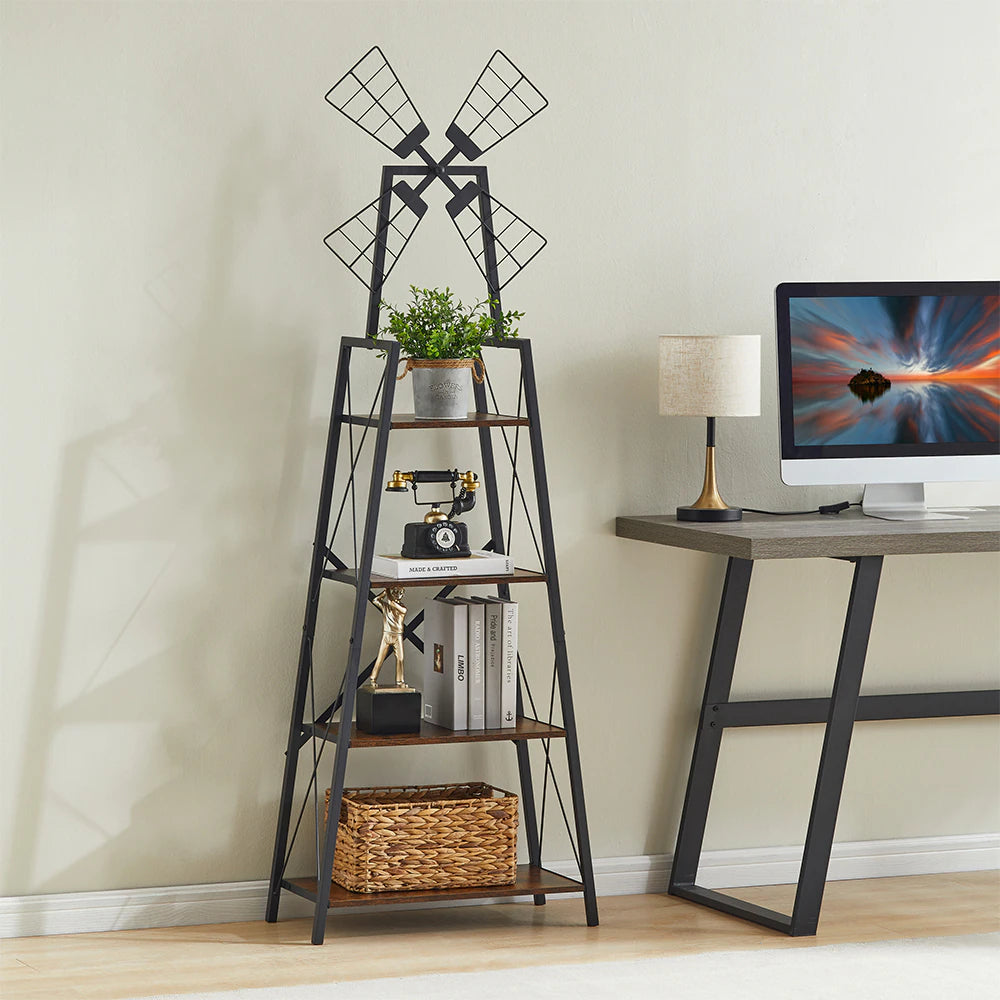 4-Tier Metal Frame Bookshelf and Display Storage Shelves with Windmill Design for Living Room and Home Office