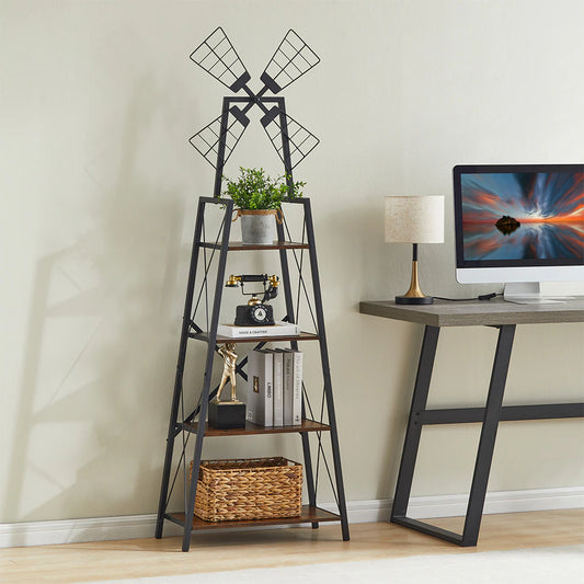 4-Tier Metal Frame Bookshelf and Display Storage Shelves with Windmill Design for Living Room and Home Office